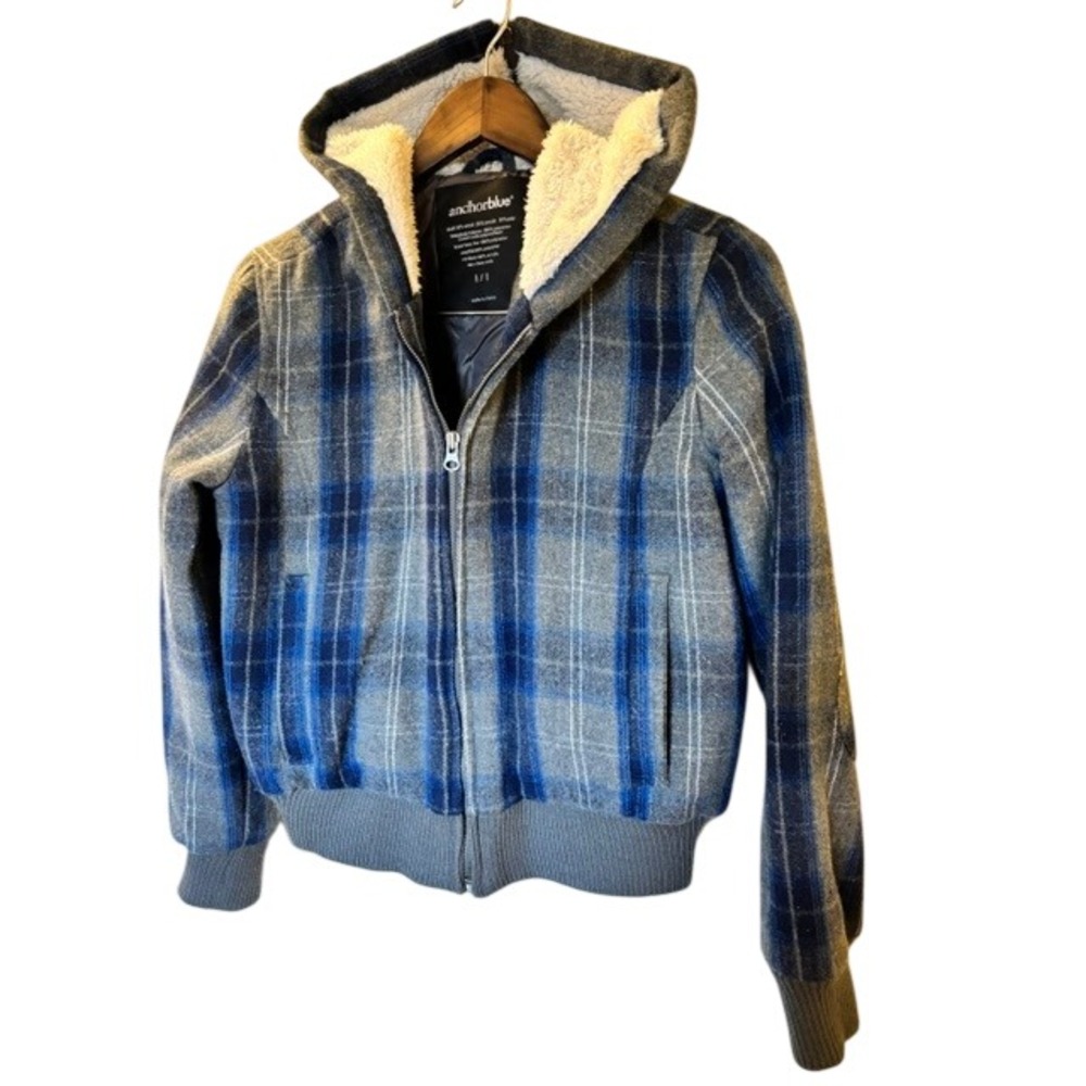 Anchor Blue Plaid Wool Blend Bomber Jacket Blue Grey Sherpa Hooded Junior Size 1